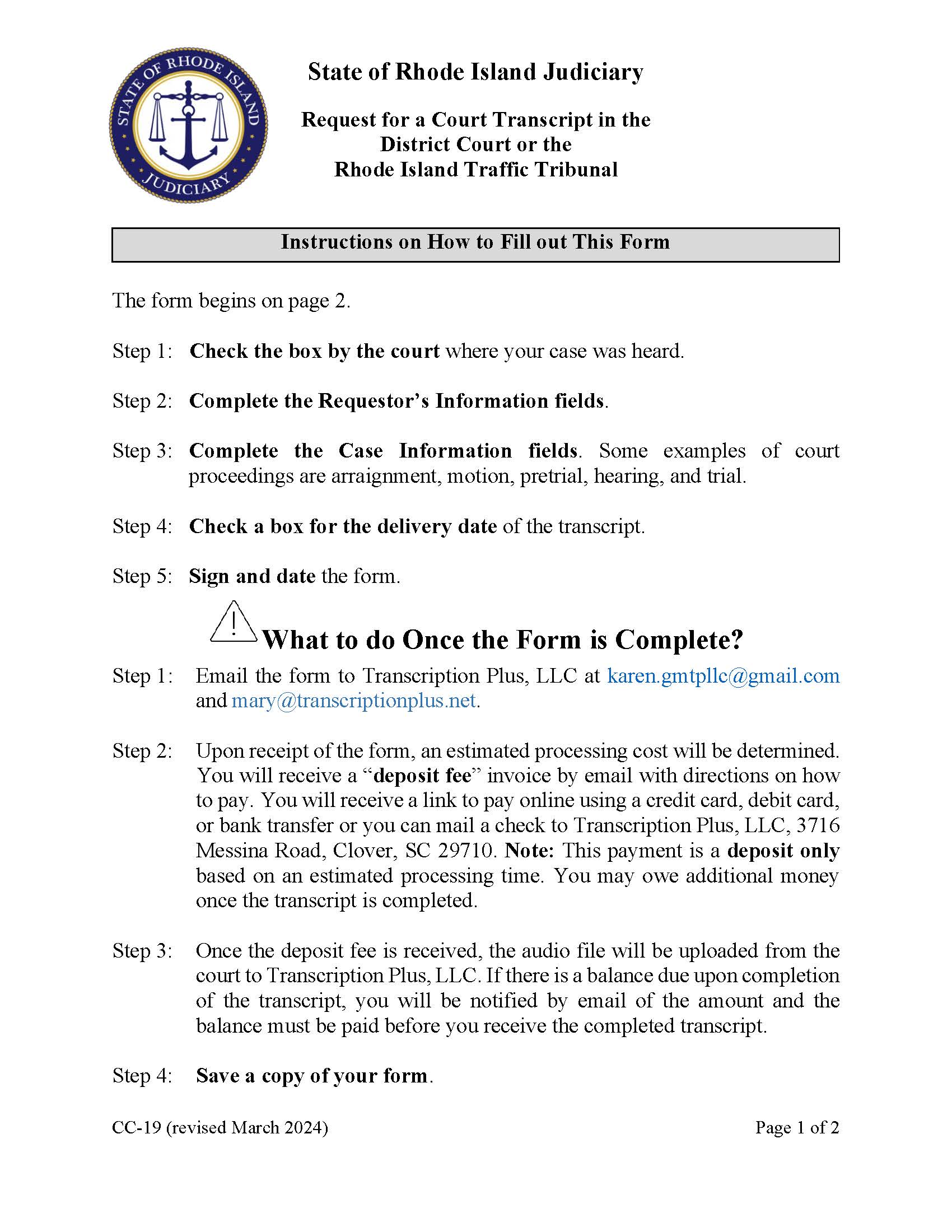 Request For A Court Transcript {CC-19} | Pdf Fpdf Docx | Rhode Island