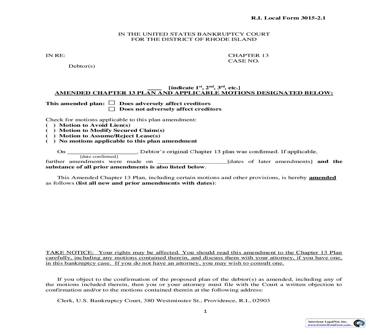 Amended Chapter 13 Plan And Applicable Motion {LF-3015-2.1} | Pdf Fpdf Doc Docx | Rhode Island