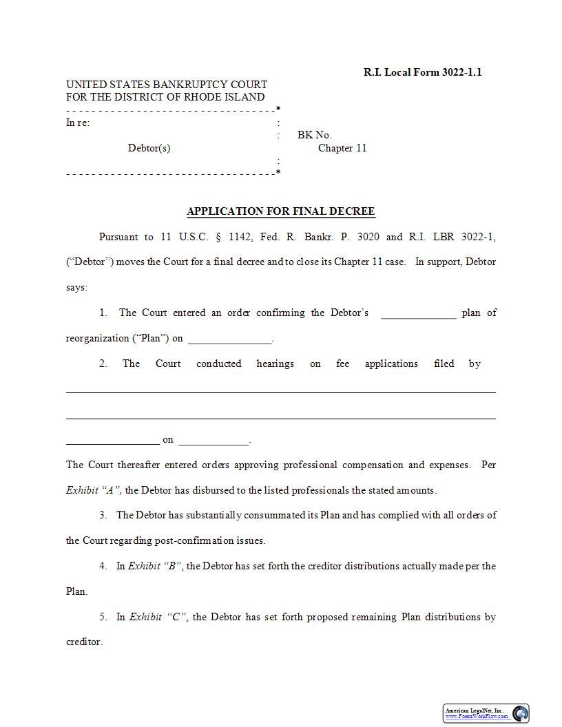 Application For Final Decree (Chapter 11) {LF-3022-1.1} | Pdf Fpdf Docx | Rhode Island