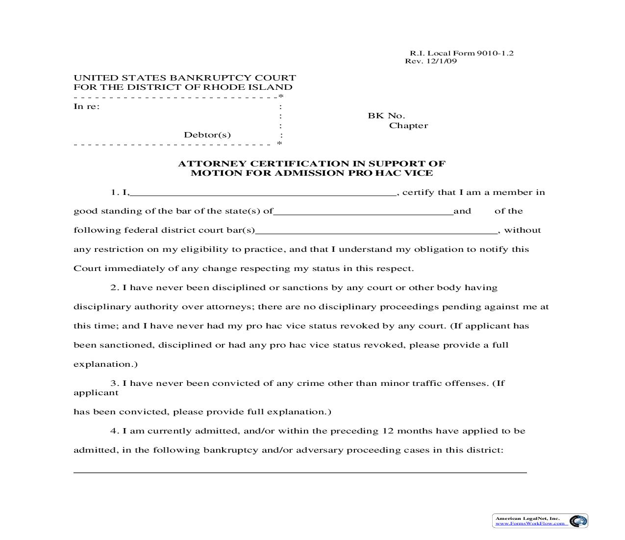 Attorney Certification In Support Of Motion For Admission Pro Hac Vice {LF-9010-1.2} | Pdf Fpdf Doc Docx | Rhode Island