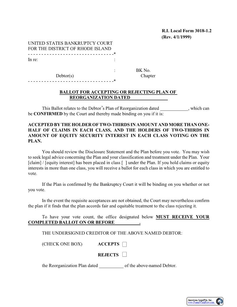Ballot For Accepting Or Rejecting Plan Of Reorganization {LF-3018-1.2} | Pdf Fpdf Docx | Rhode Island