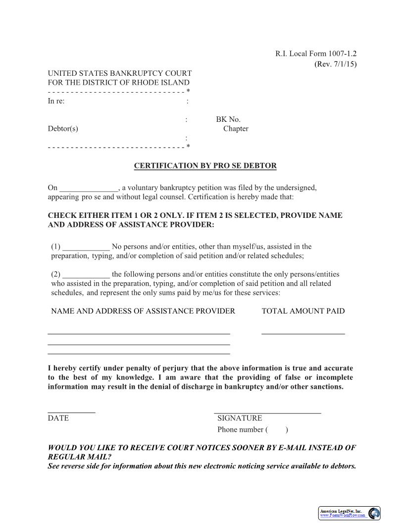 Certification By Pro Se Debtor {LF-1007-1.2} | Pdf Fpdf Docx | Rhode Island