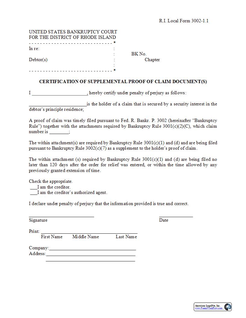 Certification Of Supplemental Proof Of Claim Documents {3002-1.1} | Pdf Fpdf Docx | Rhode Island