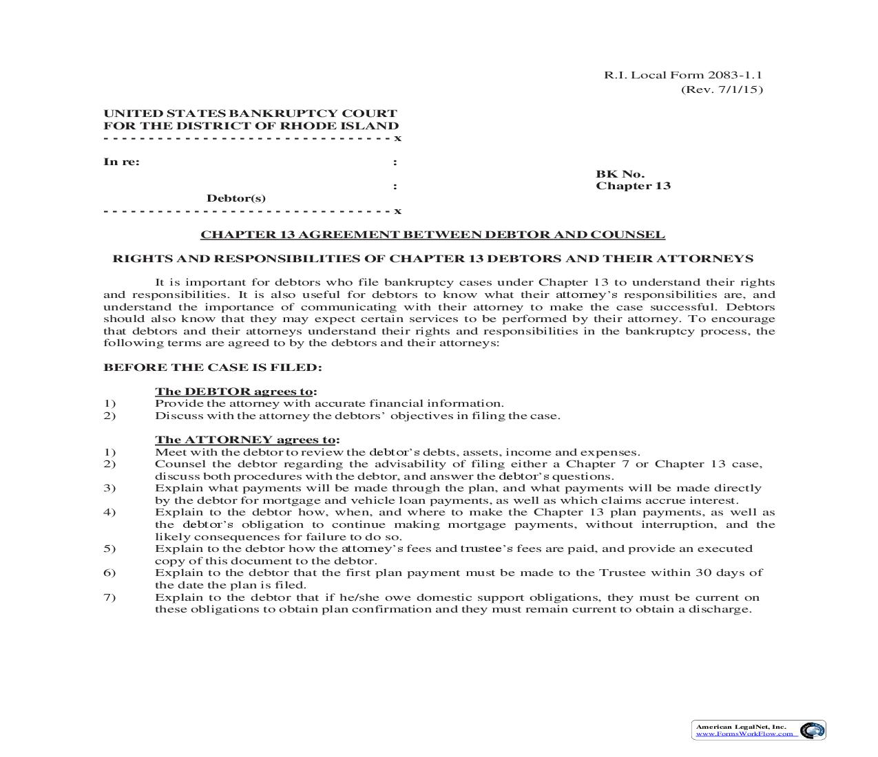 Chapter 13 Agreement Between Debtor And Counsel {LF-2083-1.1} | Pdf Fpdf Doc Docx | Rhode Island