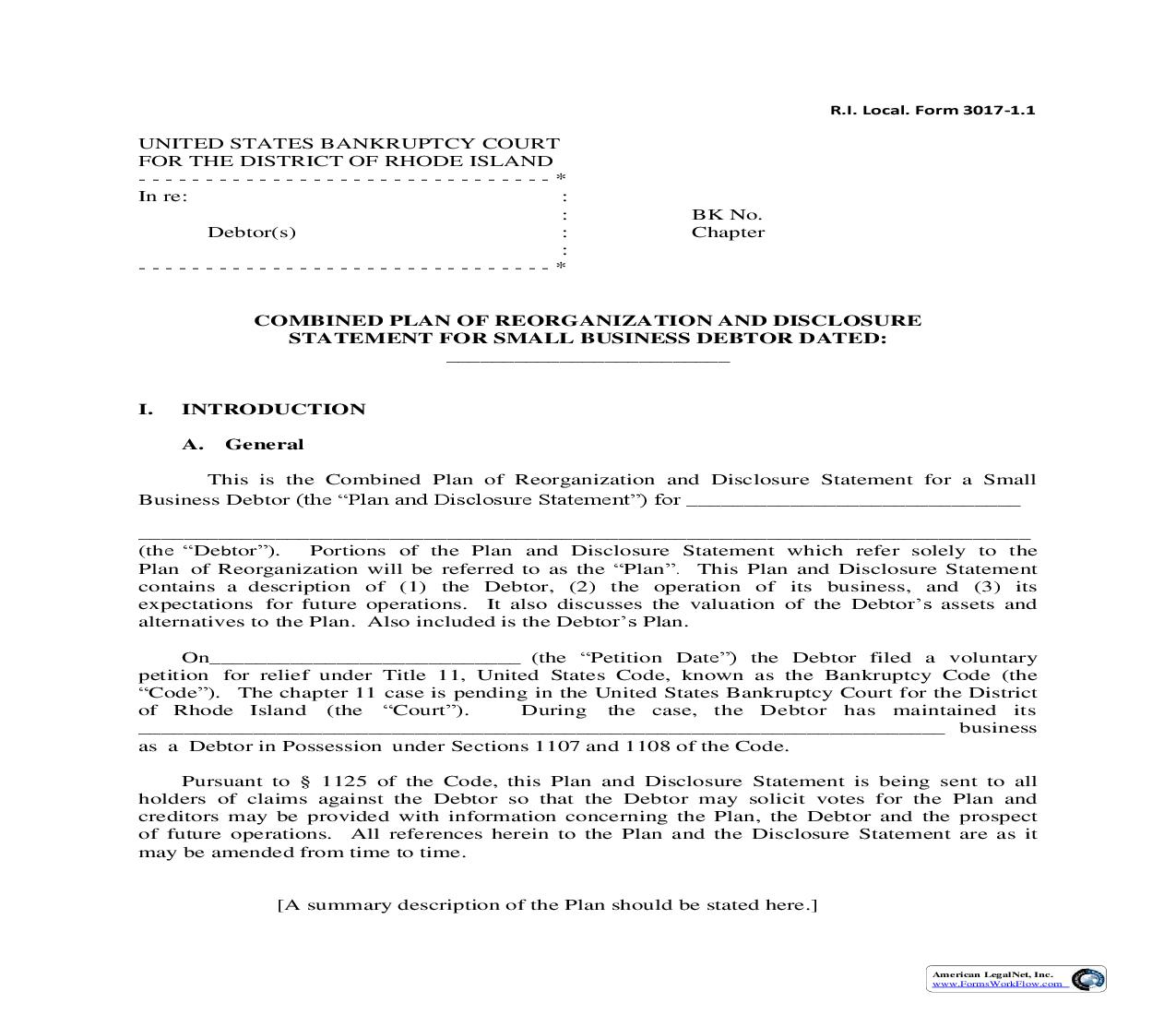 Combined Plan Of Reorganization And Disclosure Statement For Small Business Debtor {LF-3017-1.1} | Pdf Fpdf Doc Docx | Rhode Island