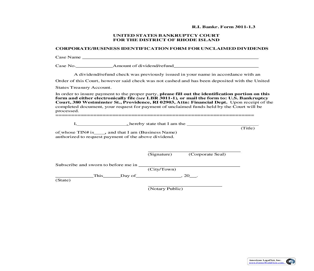 Corporate Or Business Indentification Form For Unclaimed Dividends {LF-3011-1.3} | Pdf Fpdf Doc Docx | Rhode Island