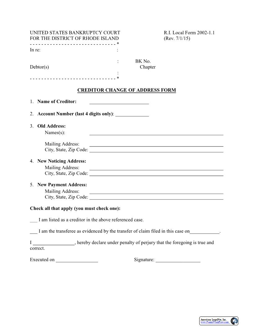 Creditor Change Of Address Form {LF-2002-1.1} | Pdf Fpdf Docx | Rhode Island