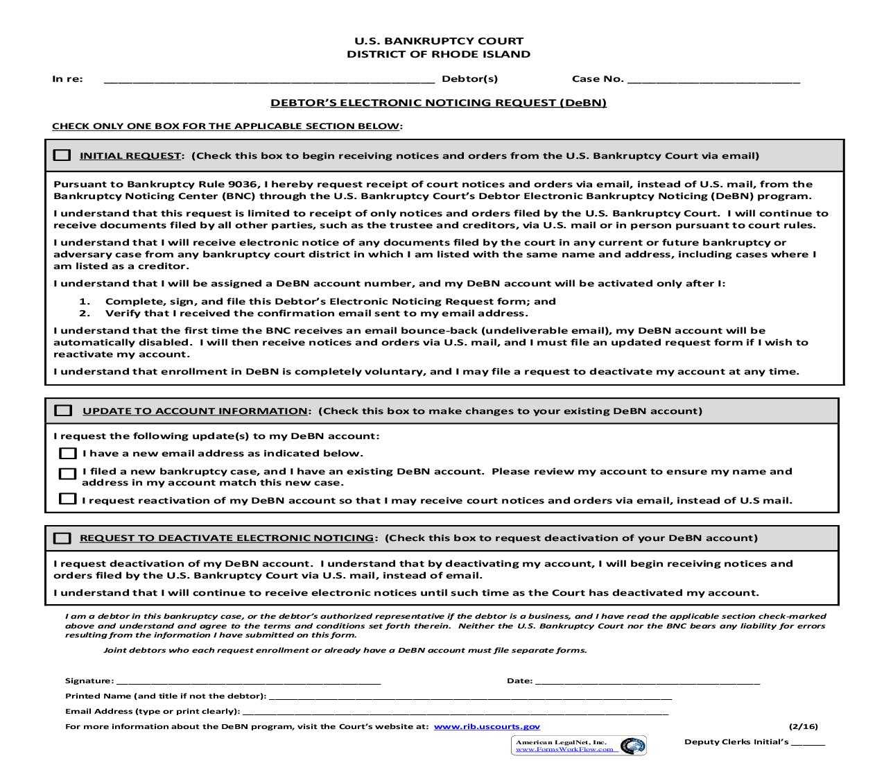 Debtors Electronic Noticing Request (DeBN) {LF-DeBN} | Pdf Fpdf Doc Docx | Rhode Island