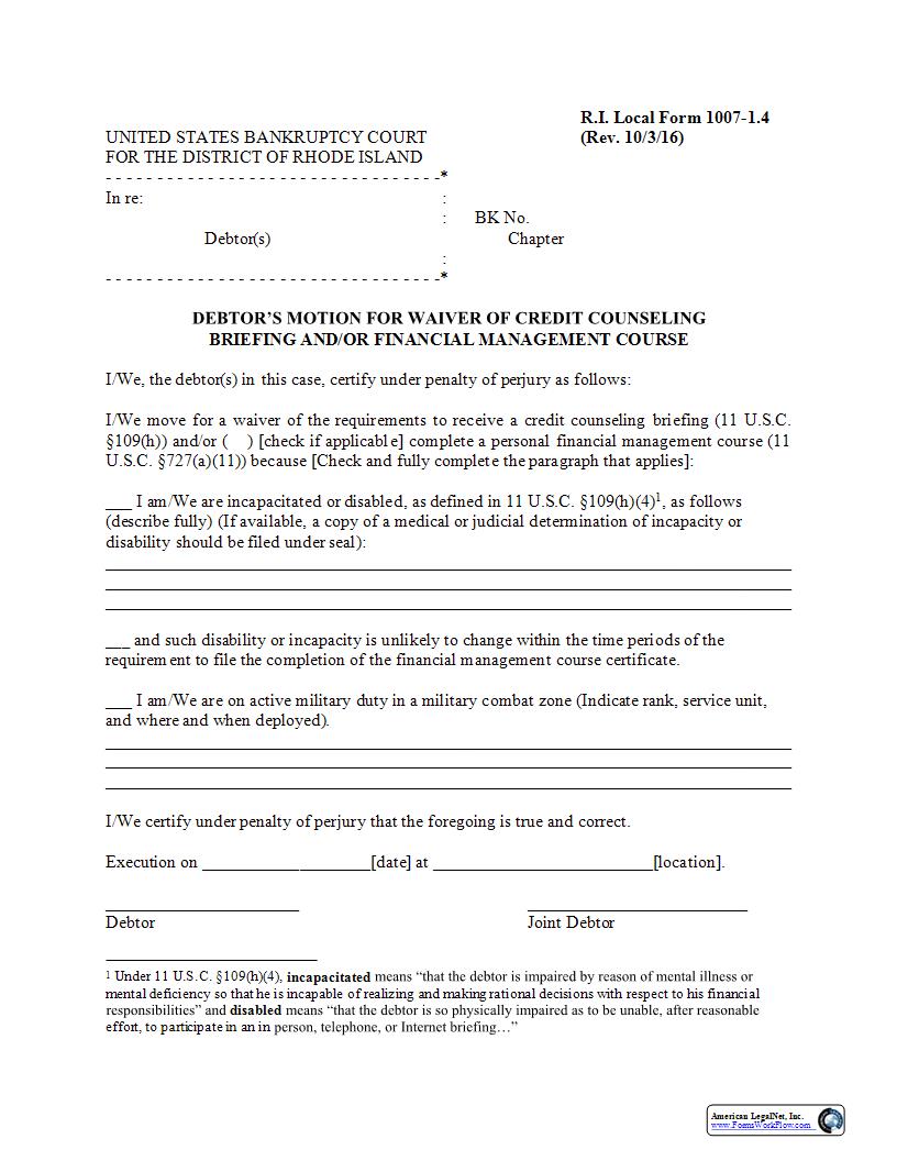 Debtors Motion For Waiver Of Credit Counseling {LF-1007-1.4} | Pdf Fpdf Docx | Rhode Island