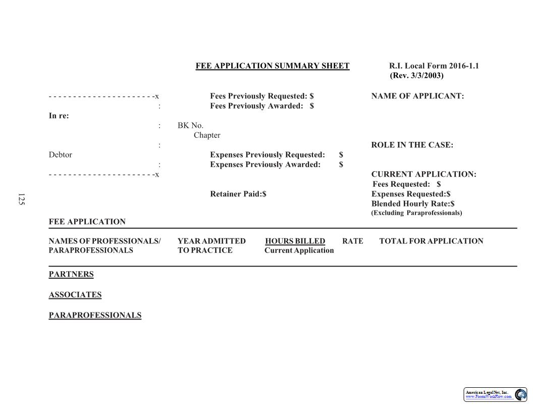 Fee Application Summary Sheet {LF-2016-1.1} | Pdf Fpdf Docx | Rhode Island
