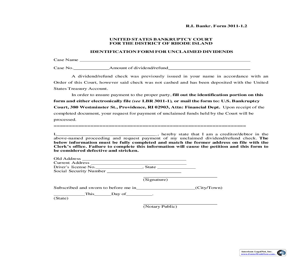 Identification Form For Unclaimed Dividends (Individual) {LF-3011-1.2} | Pdf Fpdf Doc Docx | Rhode Island