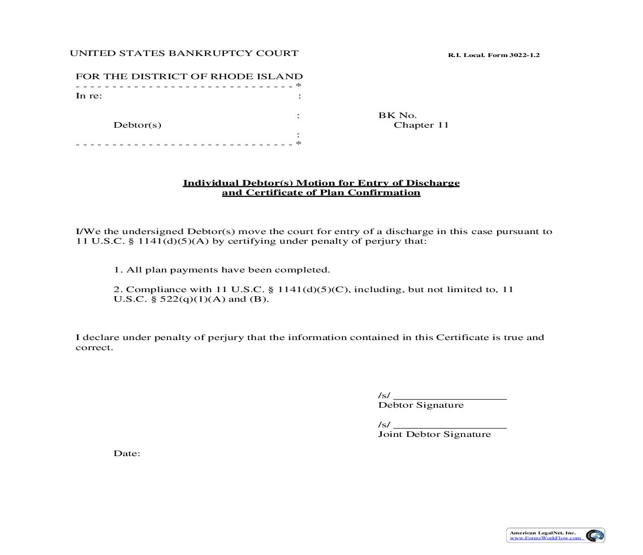 Individual Debtor(s) Motion For Entry Of Discharge And Certificate Of Plan Confirmation {LF-3022-1.2} | Pdf Fpdf Doc Docx | Rhode Island