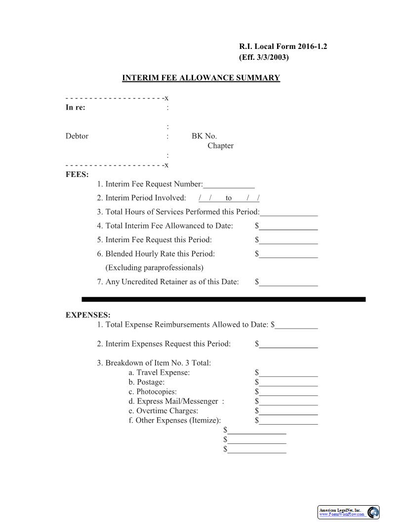 Interim Fee Allowance Summary {LF-2016-1.2} | Pdf Fpdf Docx | Rhode Island
