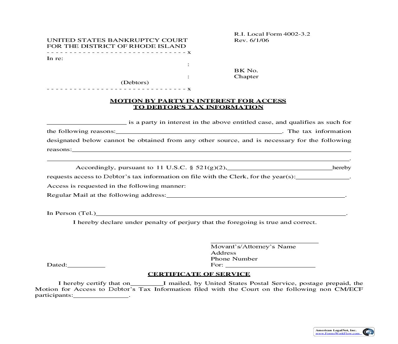 Motion By Party In Interest For Access To Debtors Tax Information (Attorney Signature) {LF-4002-3.2} | Pdf Fpdf Doc Docx | Rhode Island