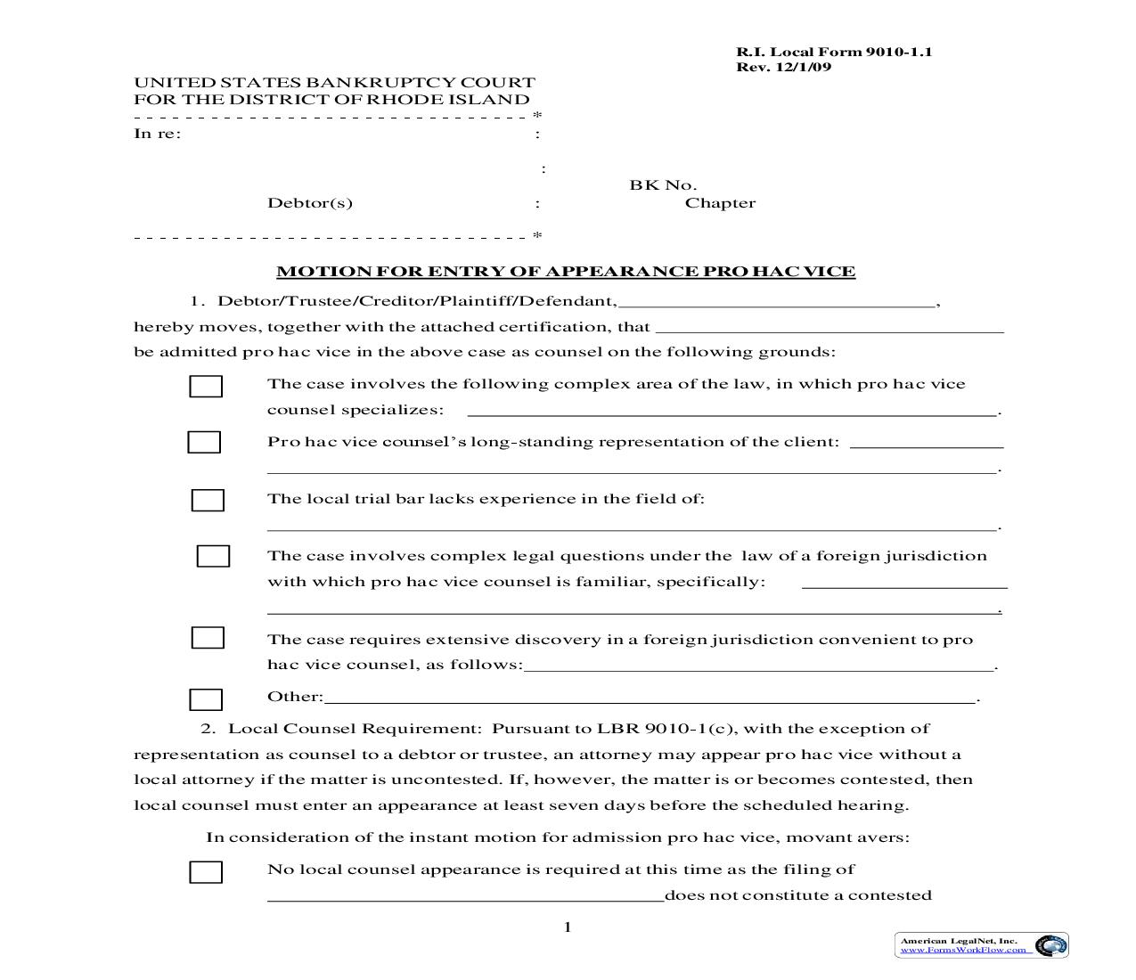 Motion For Entry Of Appearance Pro Hac Vice {LF-9010-1.1} | Pdf Fpdf Doc Docx | Rhode Island