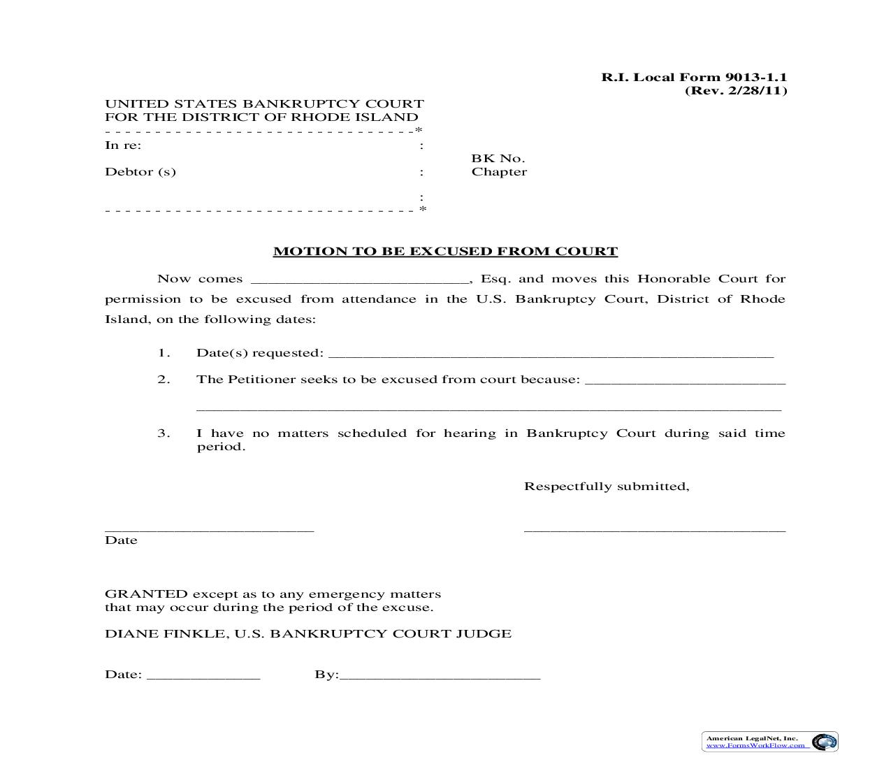 Motion To Be Excused From Court {LF-9013-1.1} | Pdf Fpdf Doc Docx | Rhode Island