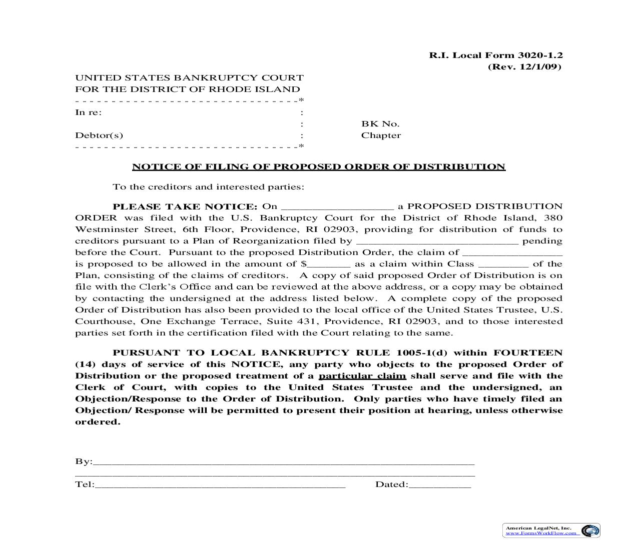 Notice Of Filing Of Proposed Order Of Distribution {LF-3020-1.2} | Pdf Fpdf Doc Docx | Rhode Island