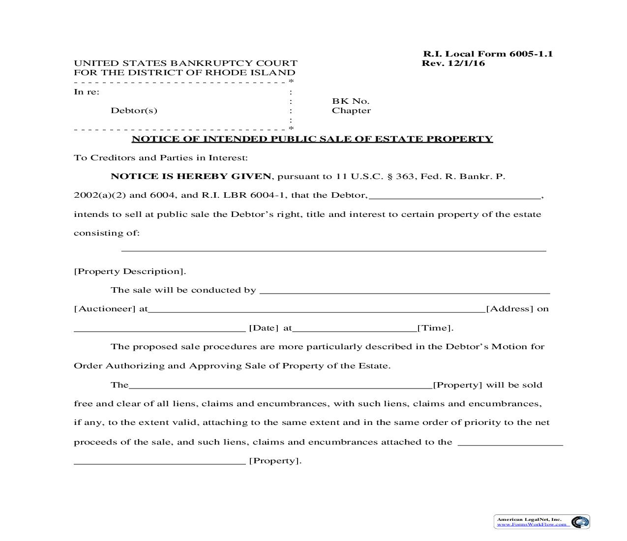 Notice Of Intended Public Sale Of Estate Property {LF-6005-1.1} | Pdf Fpdf Doc Docx | Rhode Island