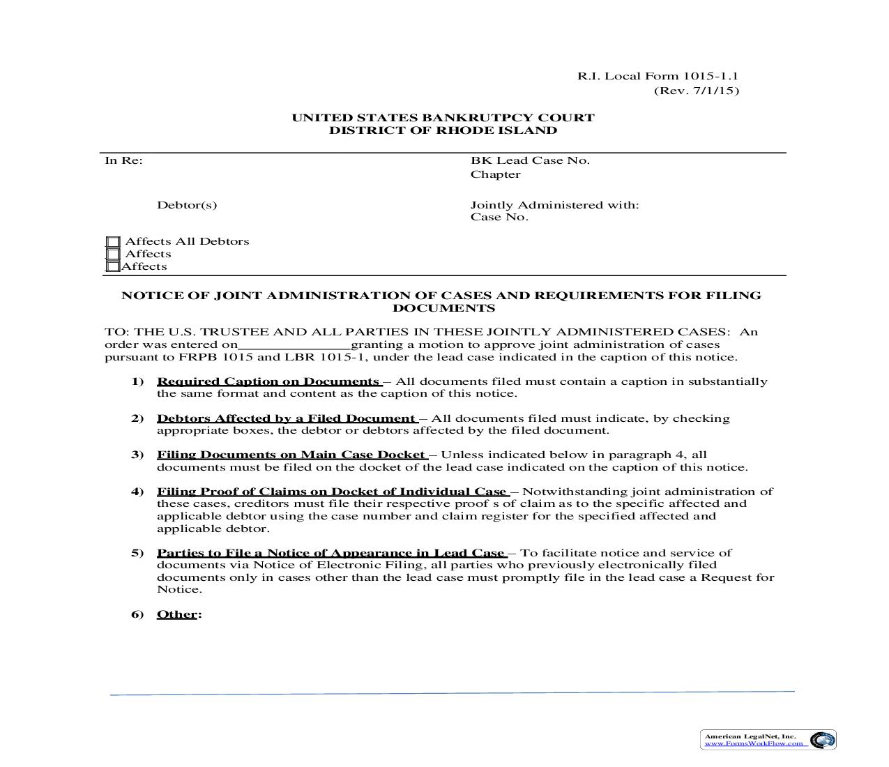 Notice Of Joint Administration Of Cases And Requirements For Filing Documents {LF-1015-1.1} | Pdf Fpdf Doc Docx | Rhode Island