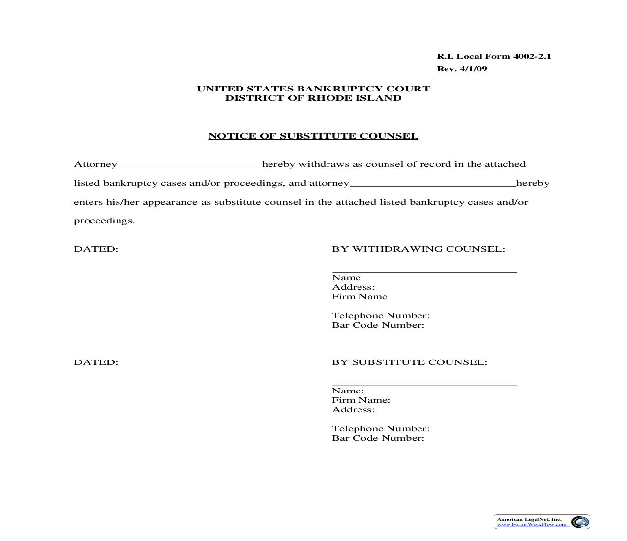 Notice Of Substitute Counsel {LF-4002-2.1} | Pdf Fpdf Doc Docx | Rhode Island
