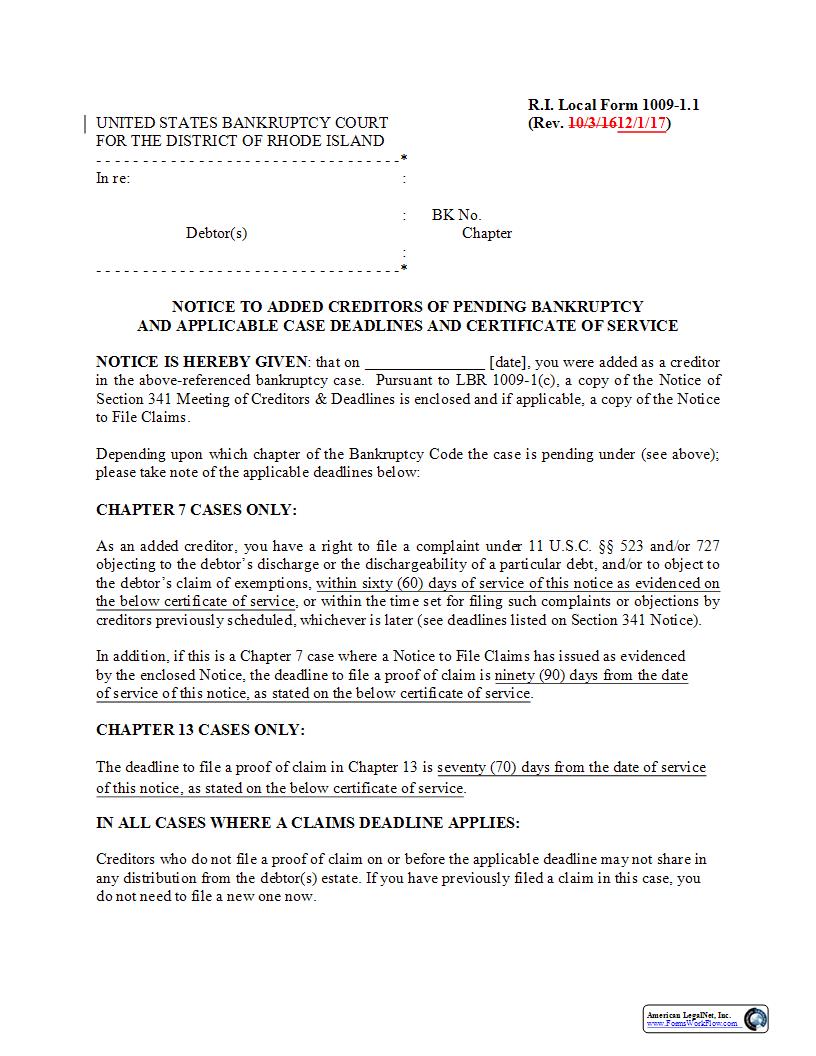 Notice To Added Creditors Of Pending Bankruptcy {1009-1.1} | Pdf Fpdf Docx | Rhode Island