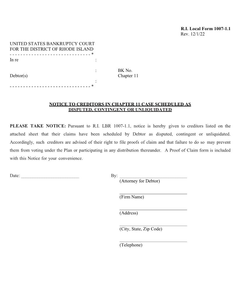 Notice To Creditors In Chapter 11 Case Scheduled As Disputed Contingent Or Unliquidated {LF-1007-1.1} | Pdf Fpdf Doc Docx | Rhode Island