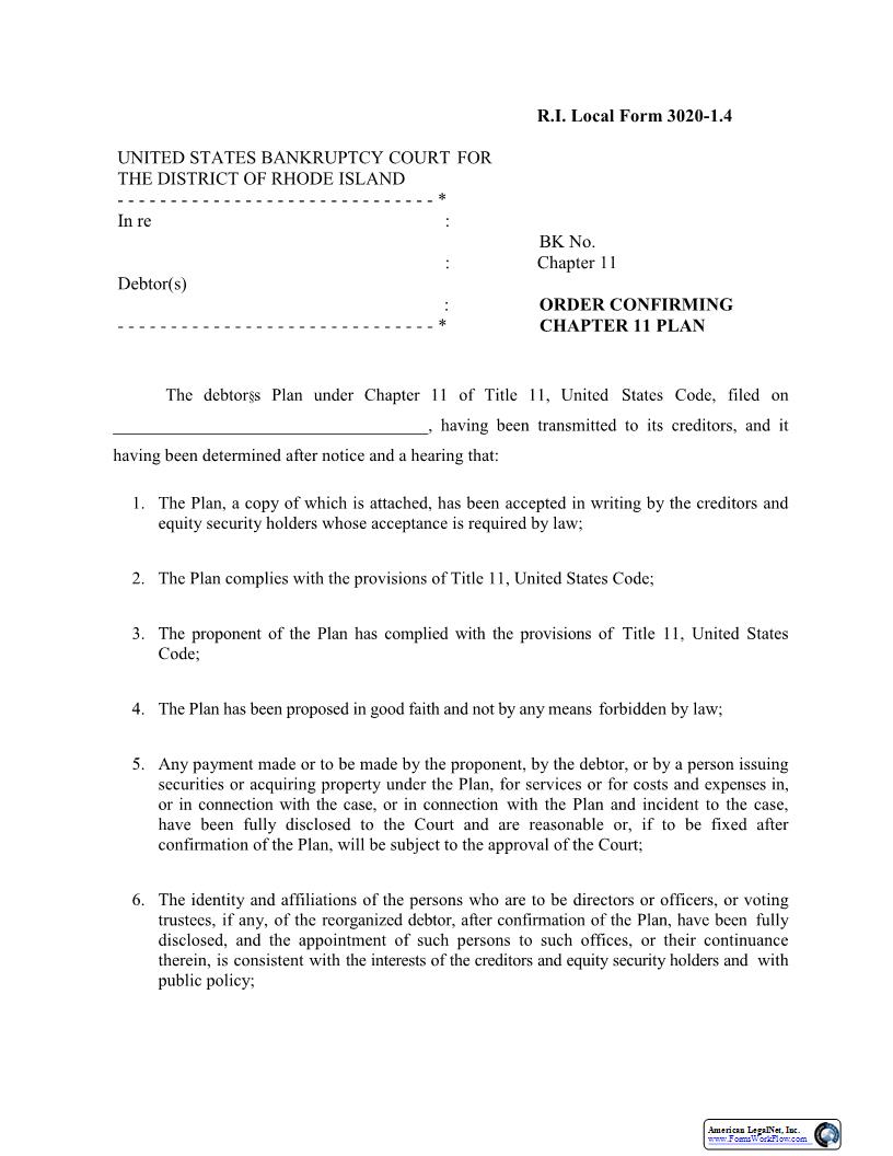 Order Confirming Chapter 11 Plan {LF-3020-1.4} | Pdf Fpdf Docx | Rhode Island