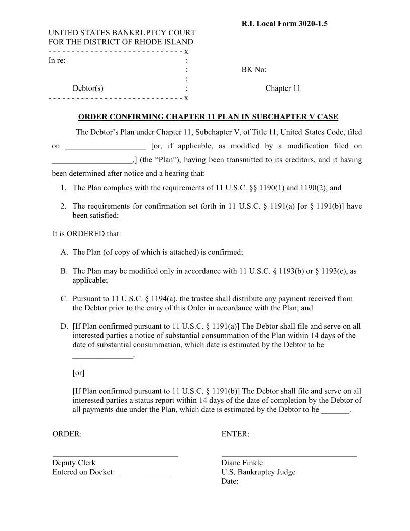 Order Confirming Chapter 11 Plan In Subchapter V Case {LF-3020-1.5} | Pdf Fpdf Docx | Rhode Island