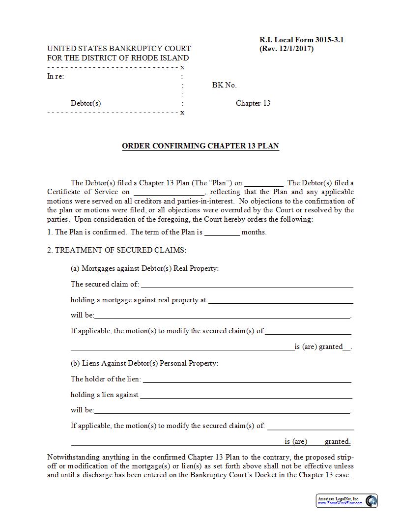 Order Confirming Chapter 13 Plan {LF-3015-3.1} | Pdf Fpdf Docx | Rhode Island