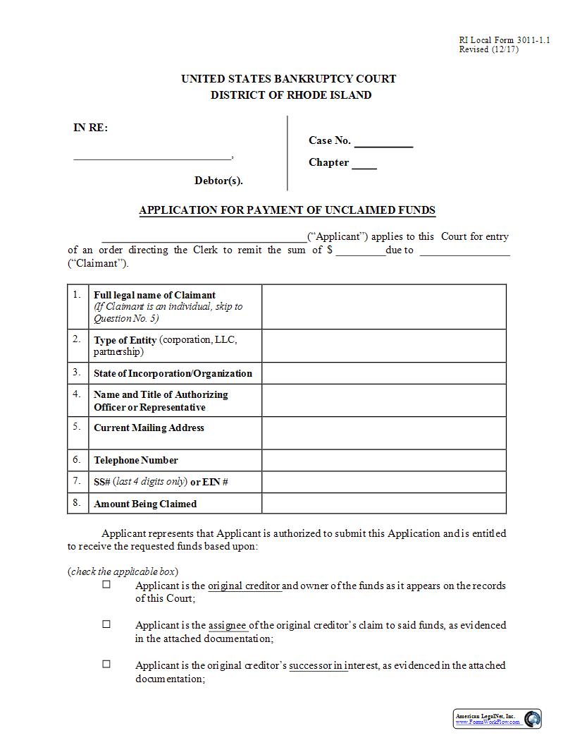 Petition For Payment Of Unclaimed Funds {LF-3011-1.1} | Pdf Fpdf Doc Docx | Rhode Island