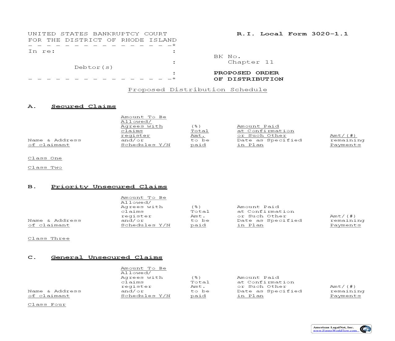Proposed Order Of Distribution (Chapter 11) {LF-3020-1.1} | Pdf Fpdf Doc Docx | Rhode Island