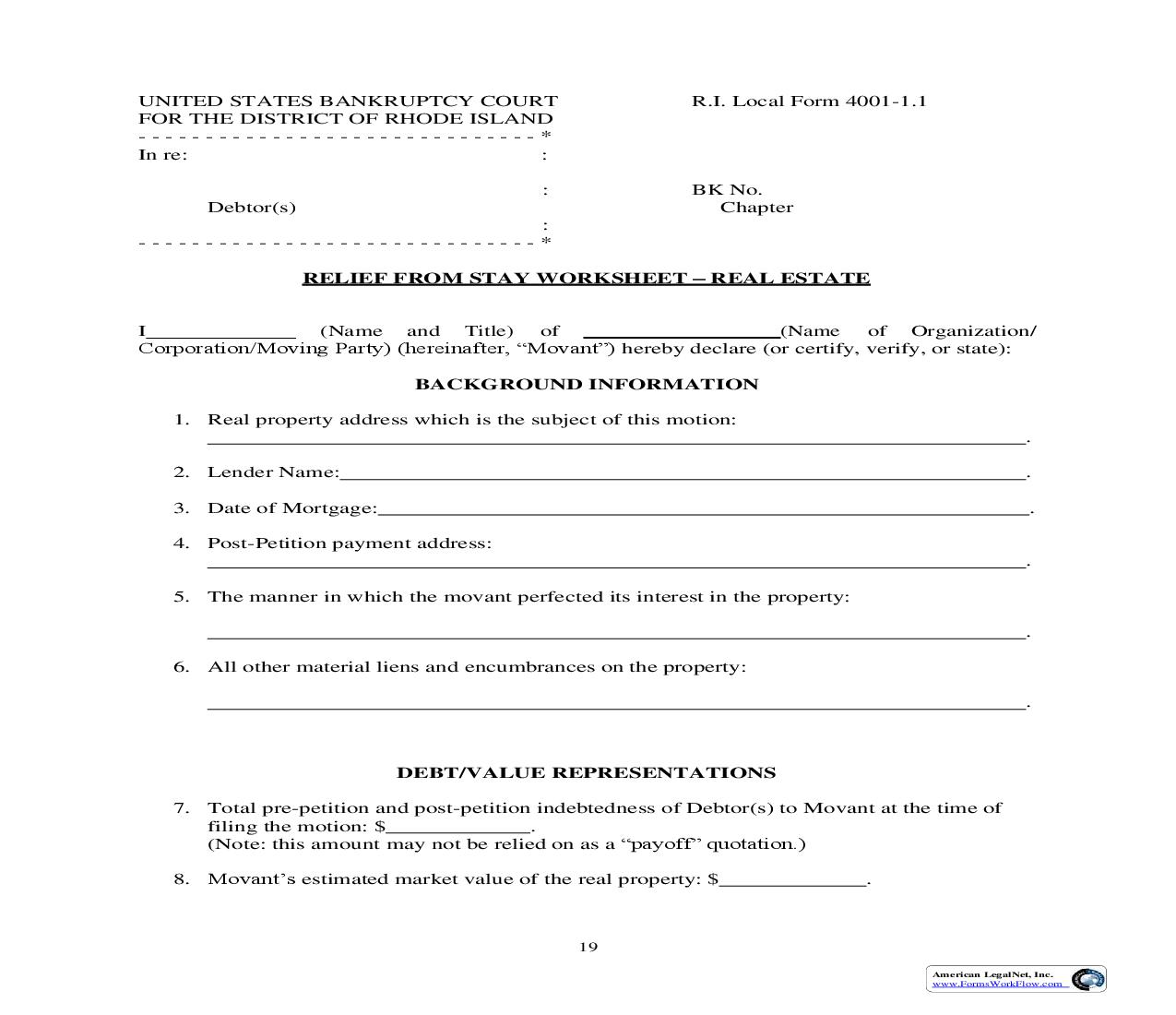 Relief From Stay Worksheet {LF-4001-1.1} | Pdf Fpdf Doc Docx | Rhode Island