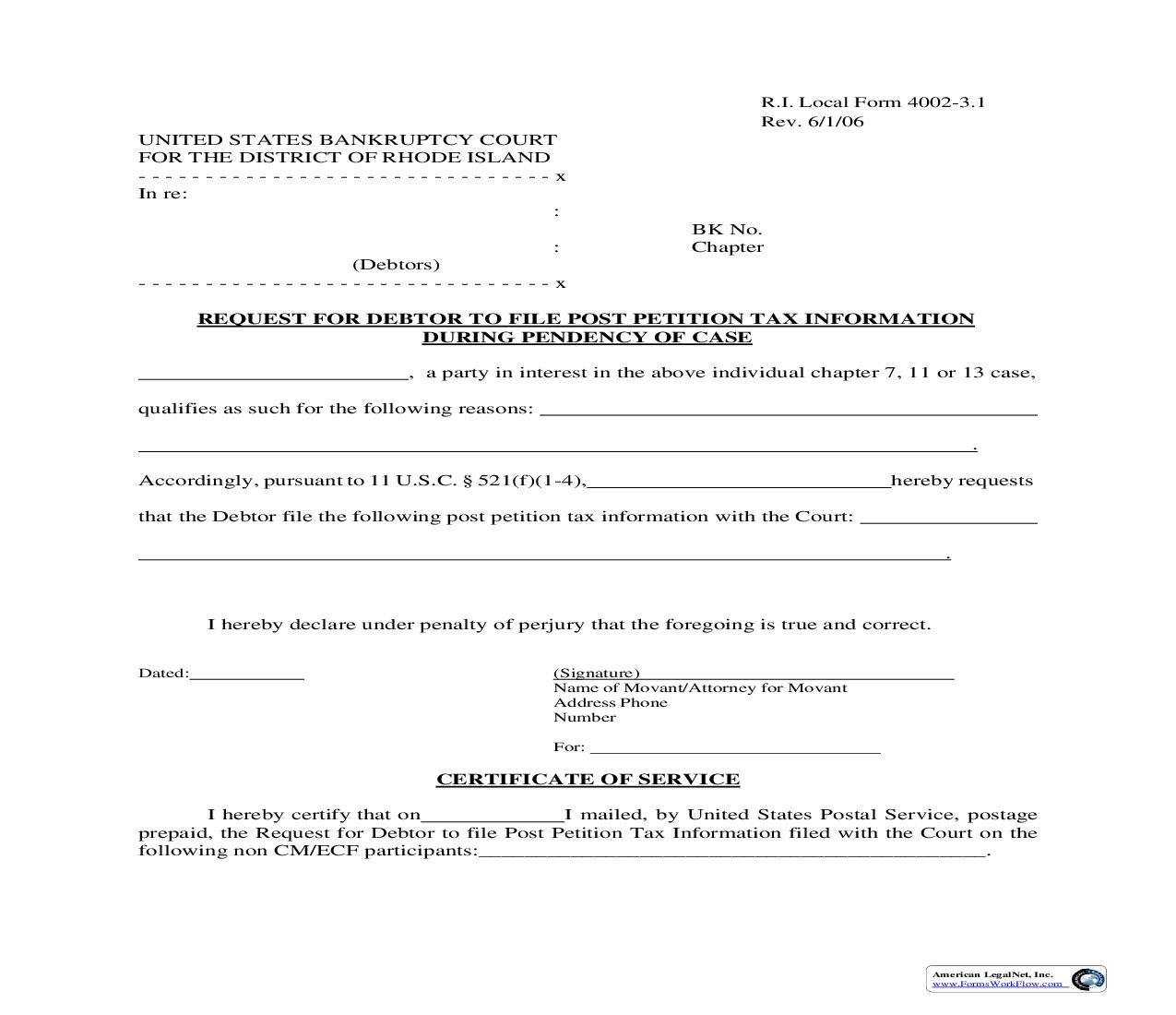 Request For Debtor To File Tax Information During Pendency Of Case {LF-4002-3.1} | Pdf Fpdf Doc Docx | Rhode Island