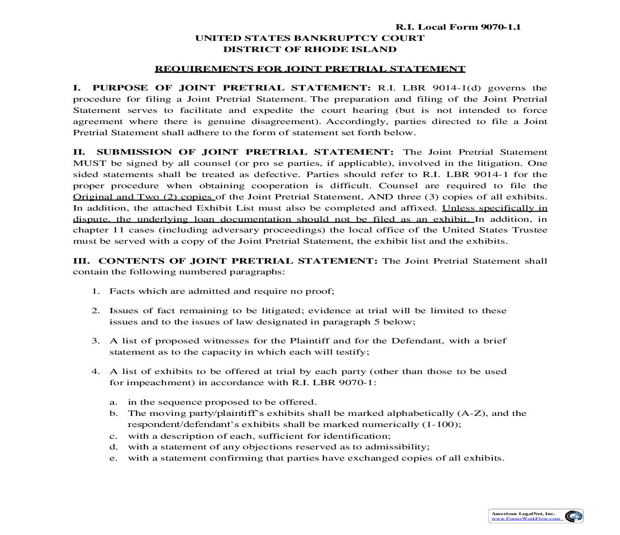 Requirements For Joint Pretrial Order And Exhibit List  Regarding 9070-1.1 {LF-9070-1.1} | Pdf Fpdf Doc Docx | Rhode Island