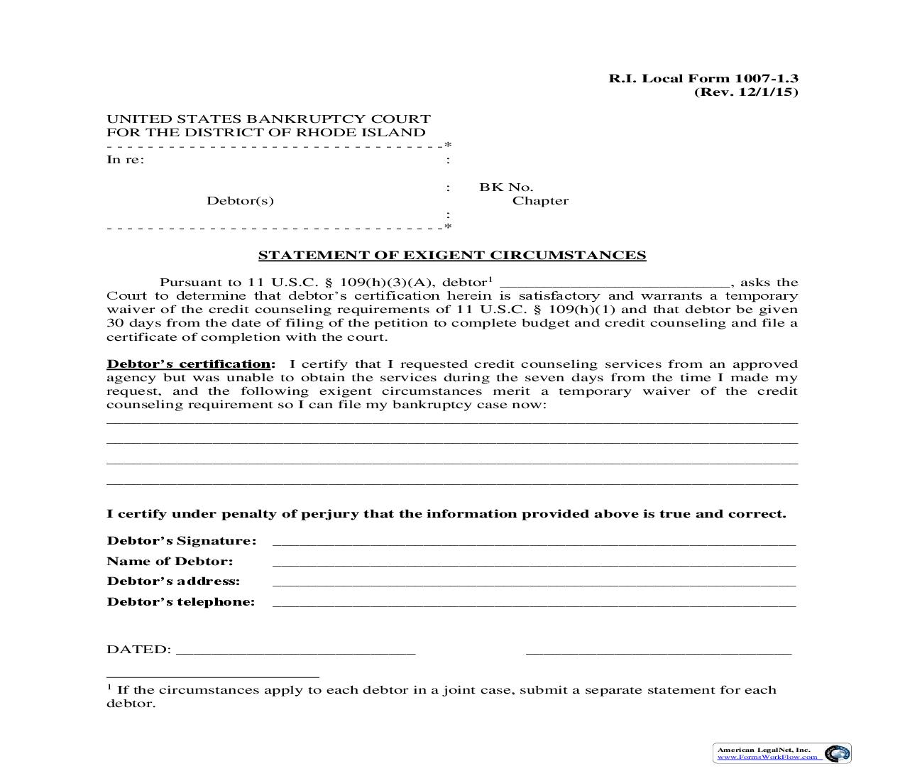 Statement Of Exigent Circumstances {LF-1007-1.3} | Pdf Fpdf Doc Docx | Rhode Island