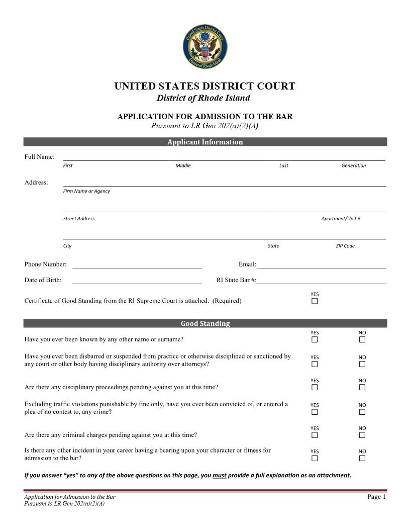 Application For Admission To The Bar | Pdf Fpdf Docx | Rhode Island