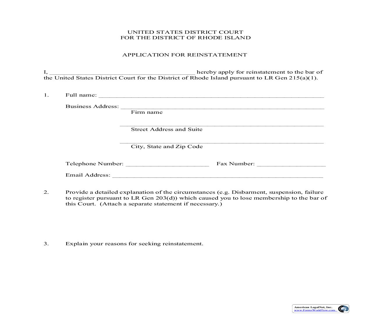 Application For Reinstatement | Pdf Fpdf Doc Docx | Rhode Island