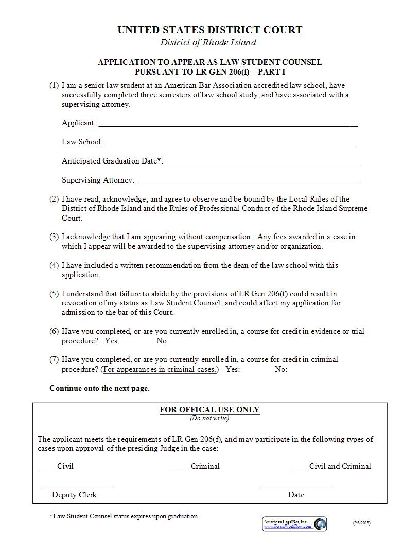 Application To Appear As Law Student Counsel | Pdf Fpdf Docx | Rhode Island