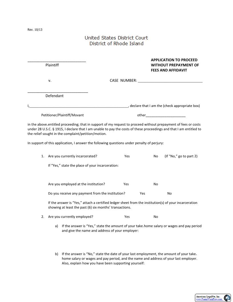 Application To Proceed Without Prepayment Of Fees And Affidavit | Pdf Fpdf Docx | Rhode Island