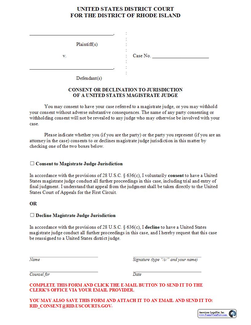 Consent Or Declination To Jurisdiction Of A United States Magistrate Judge | Pdf Fpdf Docx | Rhode Island