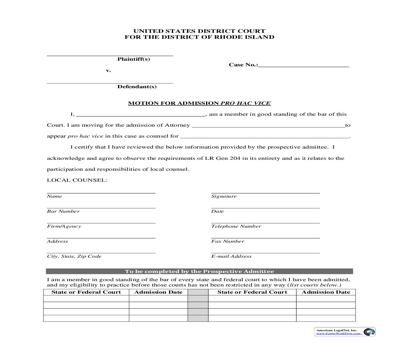Motion For Admission Pro Hac Vice | Pdf Fpdf Doc Docx | Rhode Island
