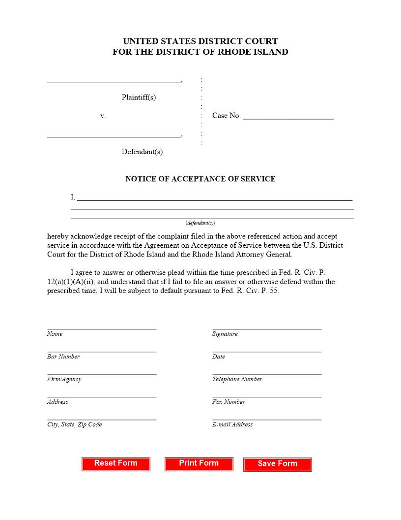 Notice Of Acceptance Of Service | Pdf Fpdf Docx | Rhode Island