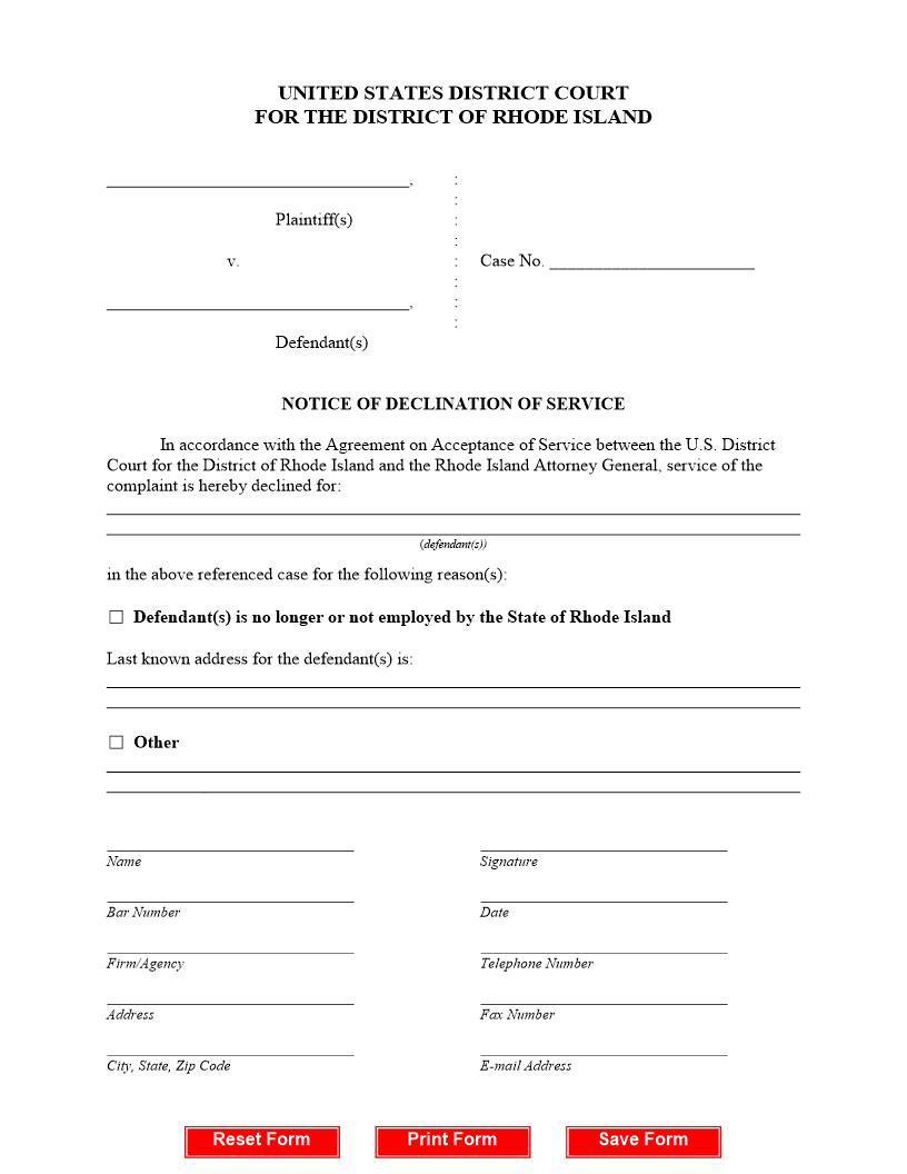 Notice Of Declination Of Service | Pdf Fpdf Docx | Rhode Island