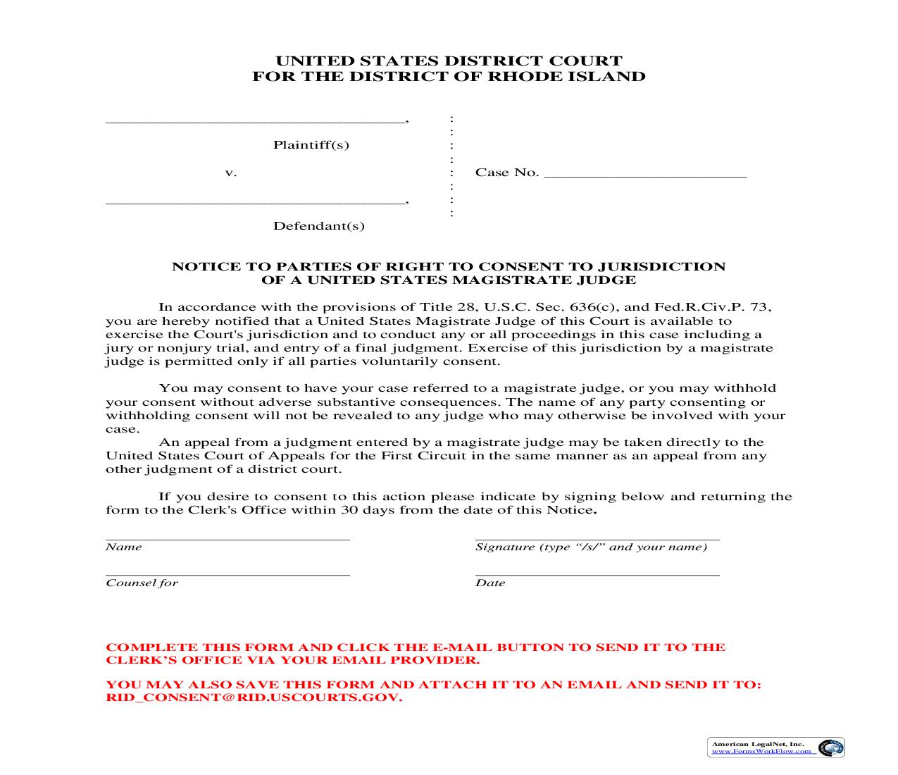 Notice To Parties Of Right To Consent To Jurisdiction Of A US Magistrate Judge | Pdf Fpdf Doc Docx | Rhode Island