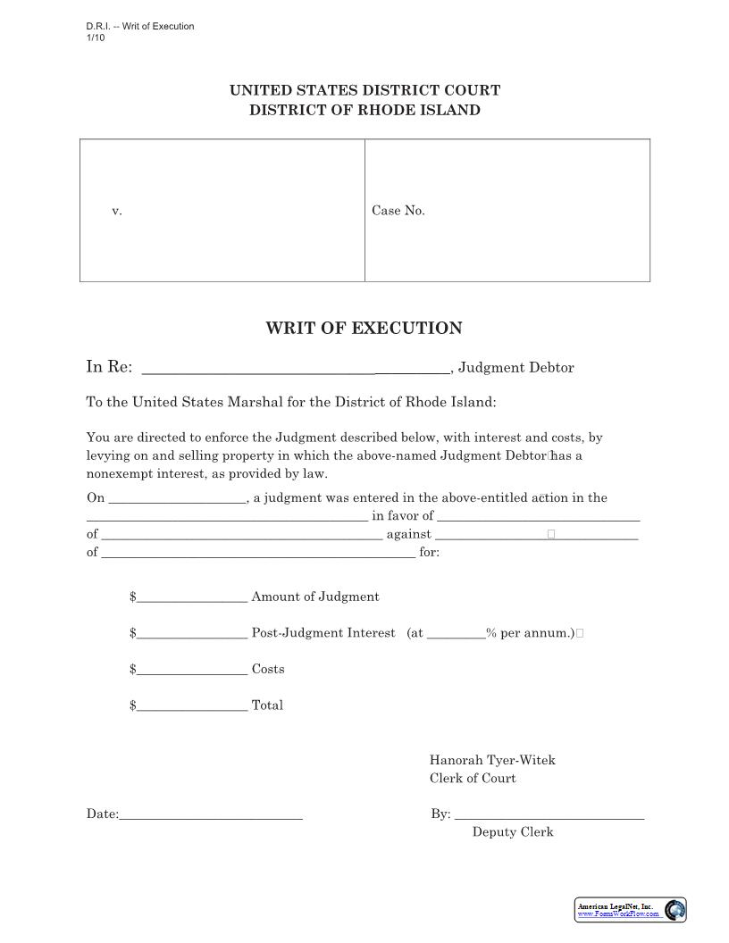 Writ Of Execution | Pdf Fpdf Docx | Rhode Island