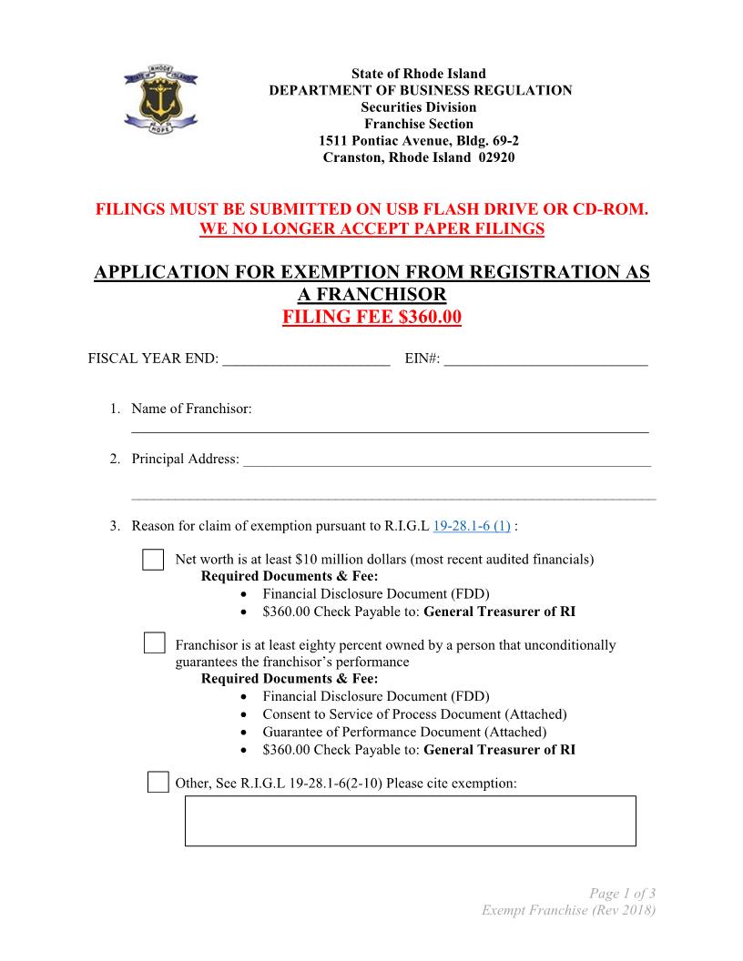Application For Exemption From Registration Requirements As A Franchisor | Pdf Fpdf Doc Docx | Rhode Island