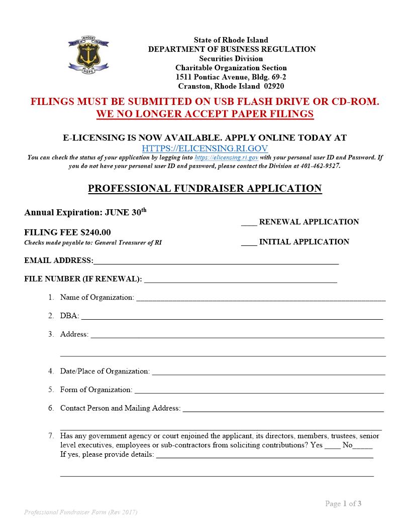 Application For Professional Fundraiser | Pdf Fpdf Doc Docx | Rhode Island