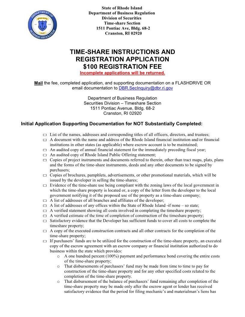 Application For Time Share Registration | Pdf Fpdf Doc Docx | Rhode Island