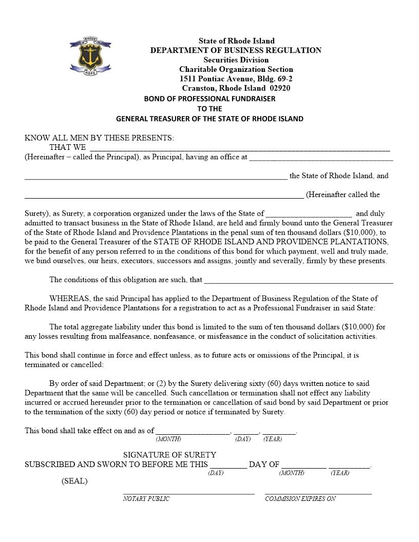 Bond Of The Professional Fundraiser To The General Treasurer Of The State Of Rhode Island | Pdf Fpdf Doc Docx | Rhode Island