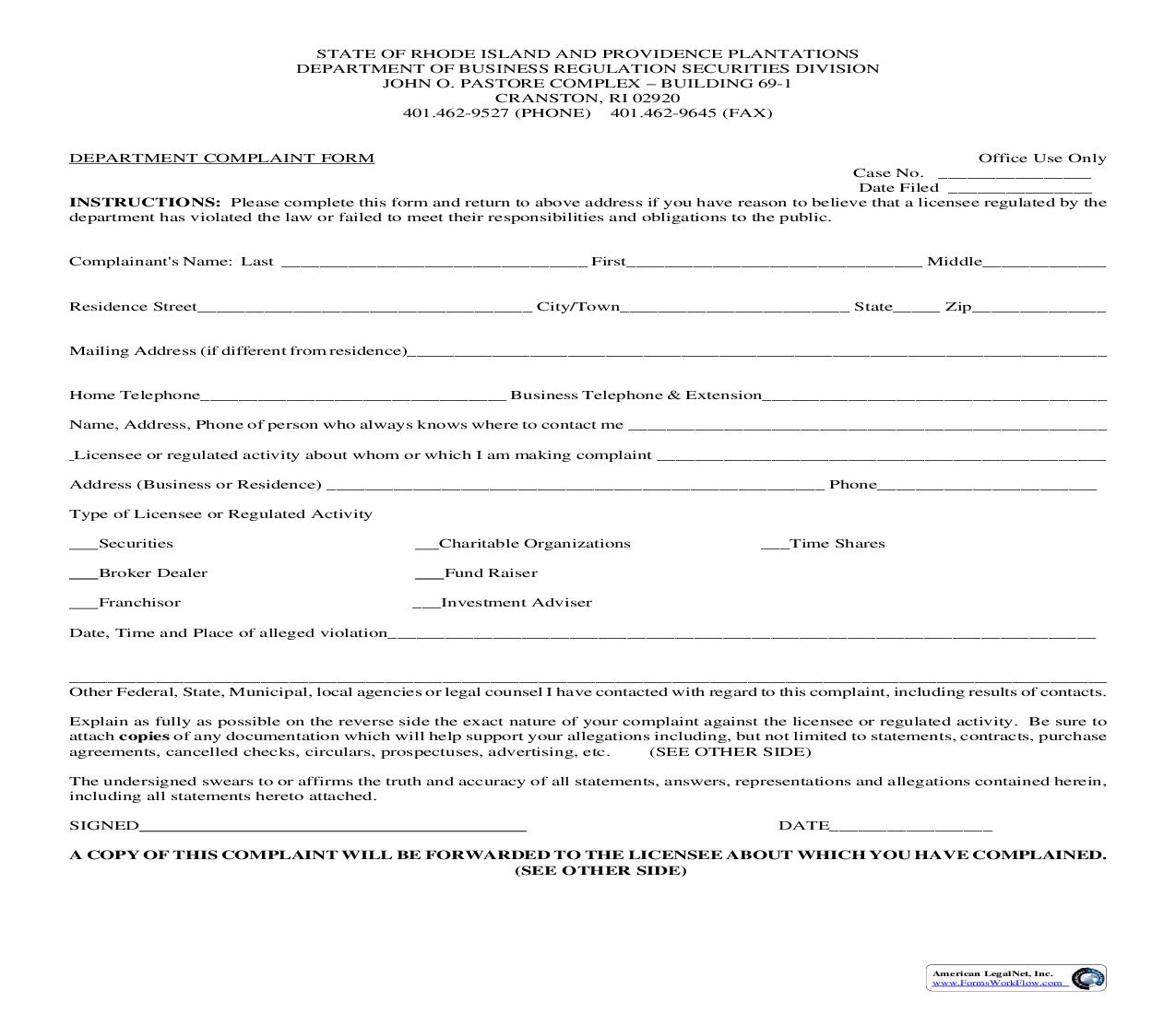 Department Complaint Form | Pdf Fpdf Doc Docx | Rhode Island